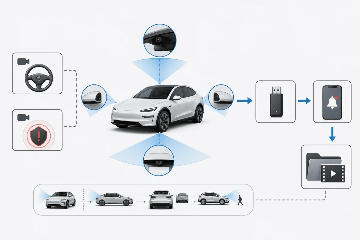 Diagram showing Tesla Sentry Mode camera coverage recording flow USB storage and phone notification concept