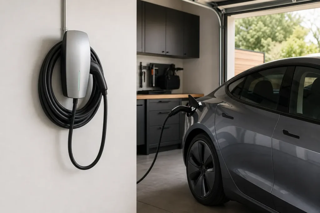 Tesla-style wall connector installed in a clean garage beside a modern electric car
