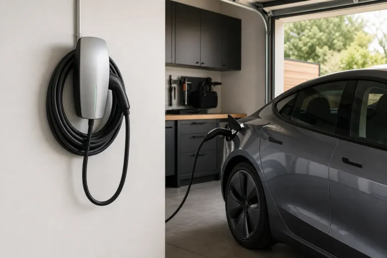 Tesla-style wall connector installed in a clean garage beside a modern electric car