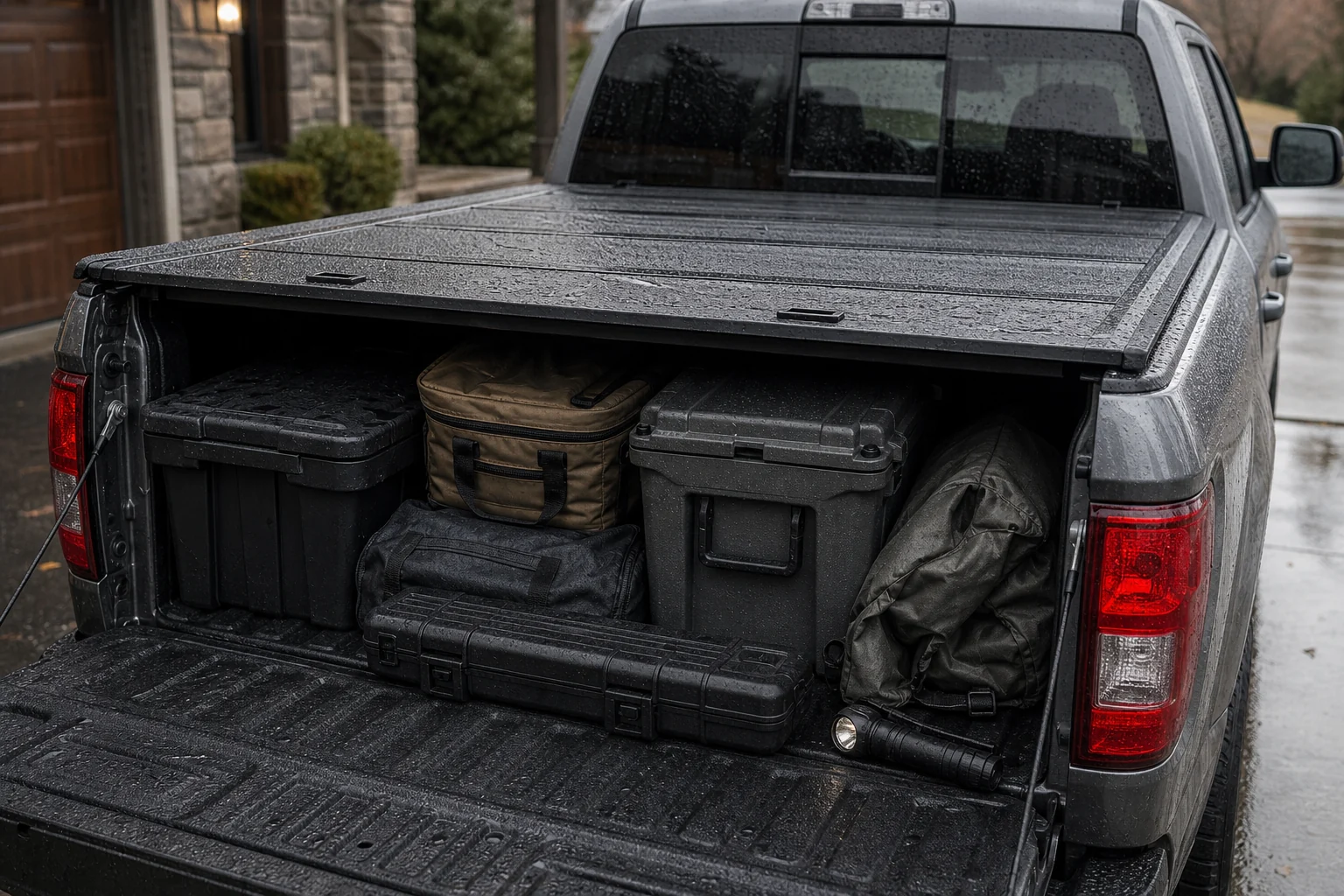 Pickup bed with tonneau cover partly open showing cargo protected from rain and dust