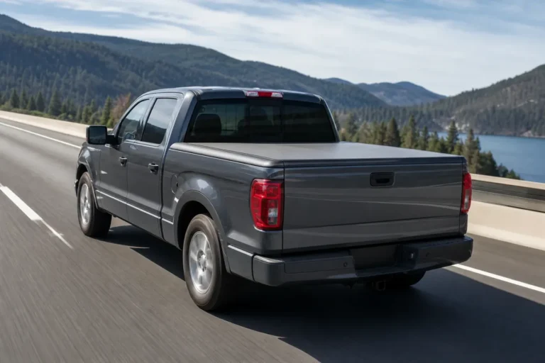 Pickup truck driving on a highway with a low-profile tonneau cover installed over the bed