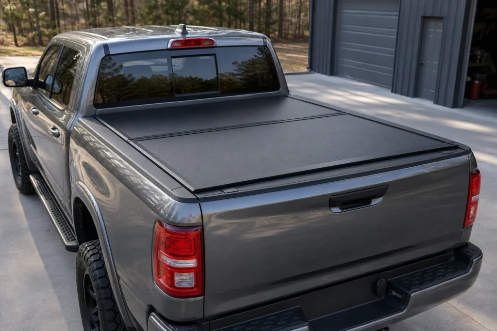 Modern pickup truck with a fitted black tonneau cover showing the finished cover surface and bed rail profile