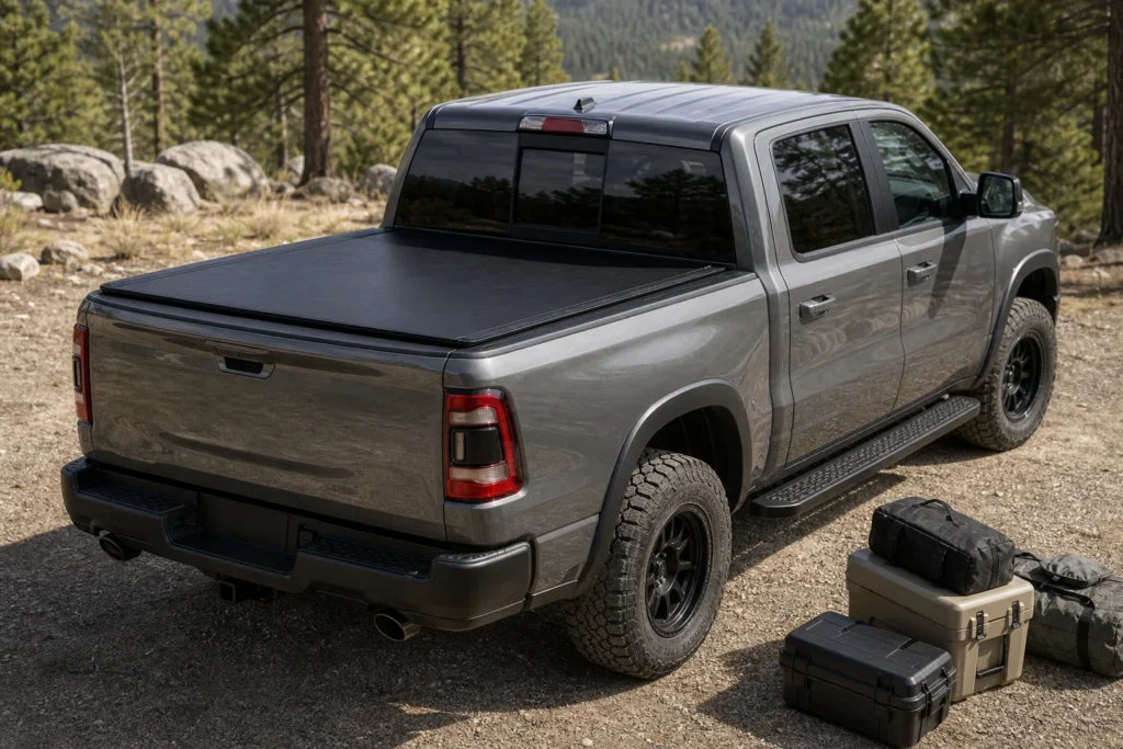 Pickup truck with a black tonneau cover installed over the bed at an outdoor trailhead