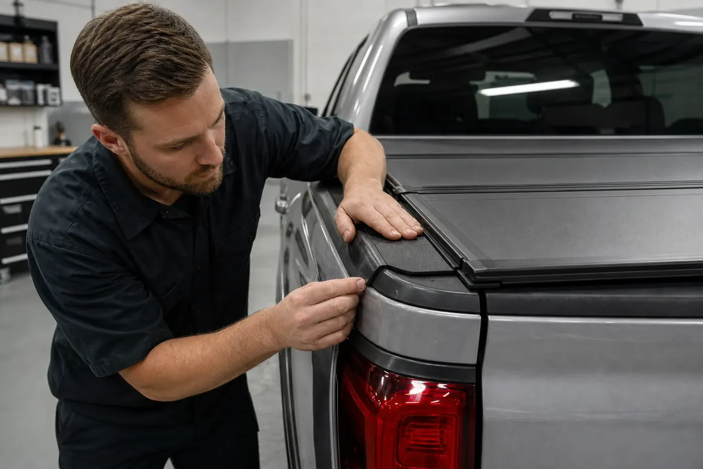 Technician checking the rail seal and clamp fitment on a folding tonneau cover installed on a pickup truck bed