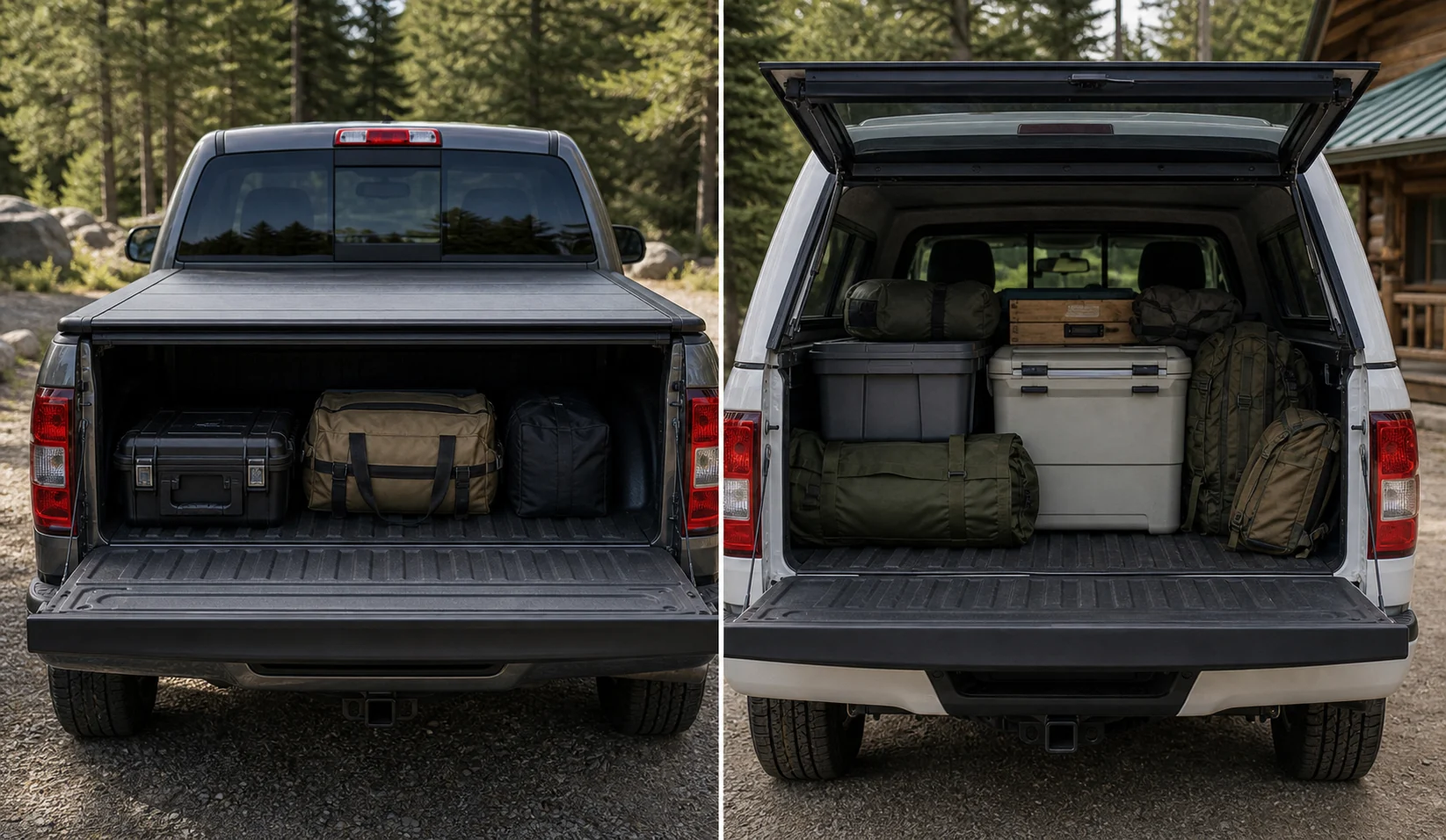 Pickup cargo comparison showing low tools under a tonneau cover and tall camping gear inside a truck cap