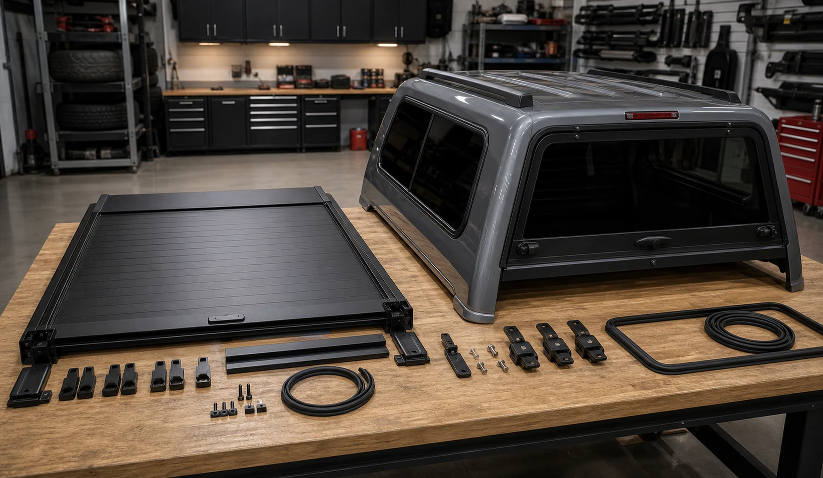 Workshop comparison of a low tonneau cover rail system beside a full-height truck cap shell with windows and rear hatch