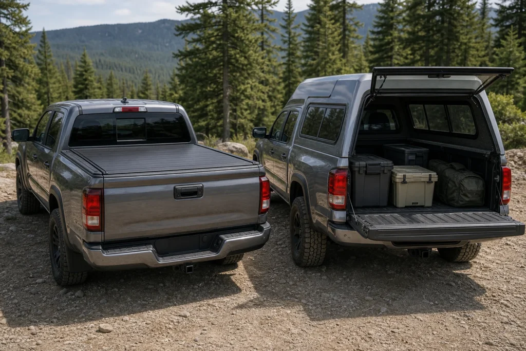 Two pickup trucks comparing a low tonneau cover and a full-height truck cap at an outdoor trailhead