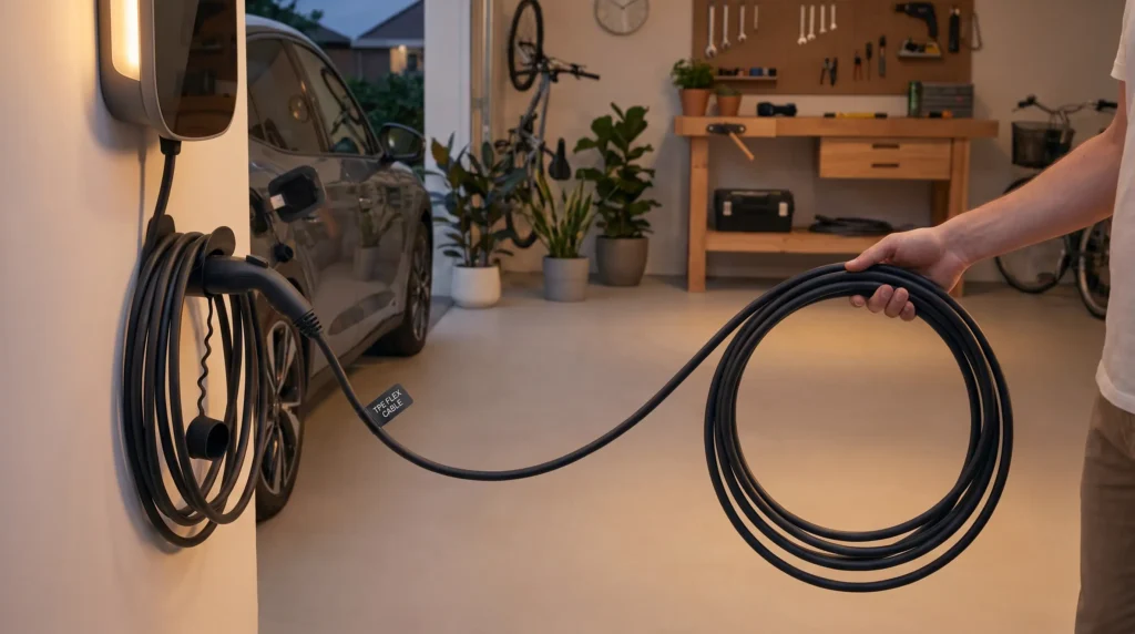 In high-frequency commercial environments like this logistics fleet charging depot, the exceptional abrasion and tear resistance of TPU cables ensures operational continuity and lowers the total cost of ownership.
