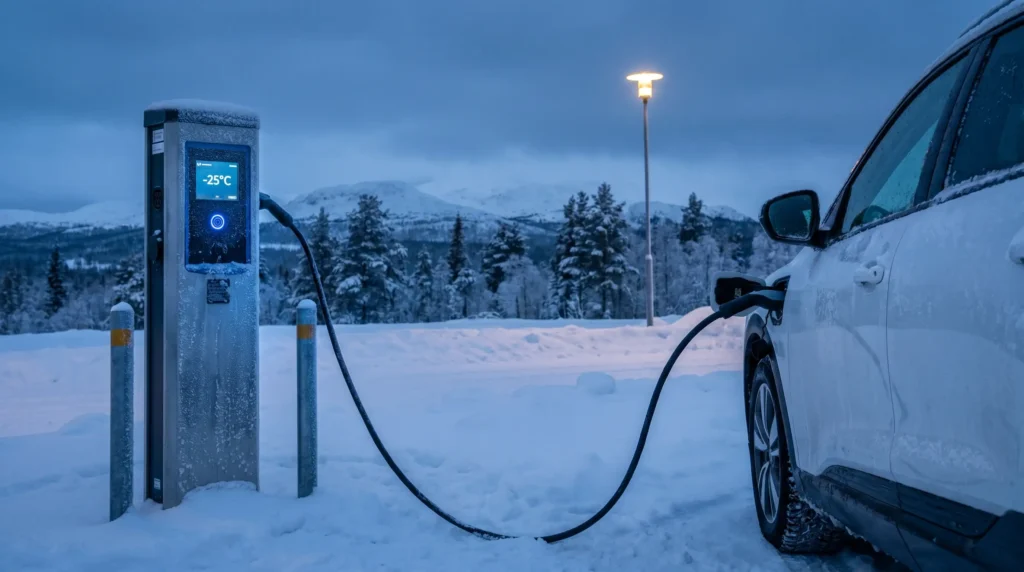 A TPU-jacketed EV charging cable demonstrating superior low-temperature flexibility at a public charging station in a harsh Nordic winter environment (-25°C). Unlike inferior plastics, TPU does not become brittle or stiff in extreme cold.