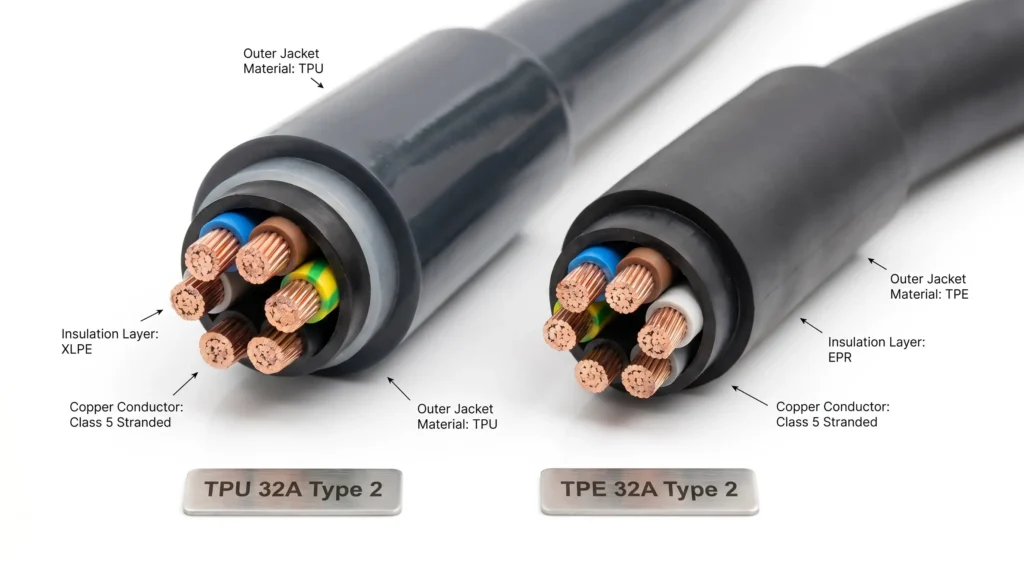A cross-section comparison of a TPU-jacketed cable (left) and a TPE-jacketed cable (right). While both protect the internal copper conductors and insulation layers, the TPU jacket offers a denser, more abrasion-resistant molecular structure, whereas the TPE jacket provides a softer, more cost-effective barrier.