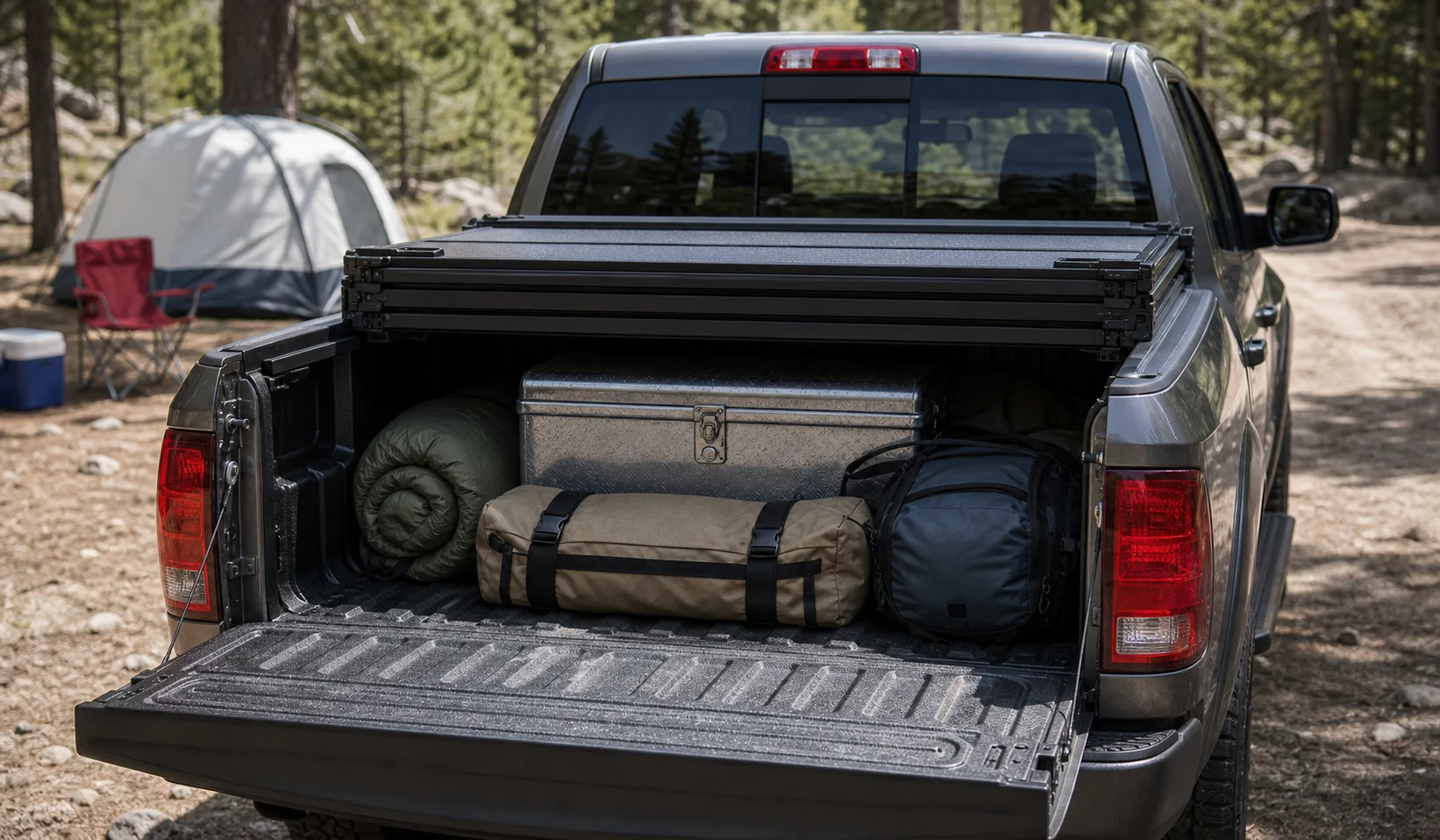 Pickup truck with tri-fold tonneau cover folded open showing camping gear and toolbox in the bed