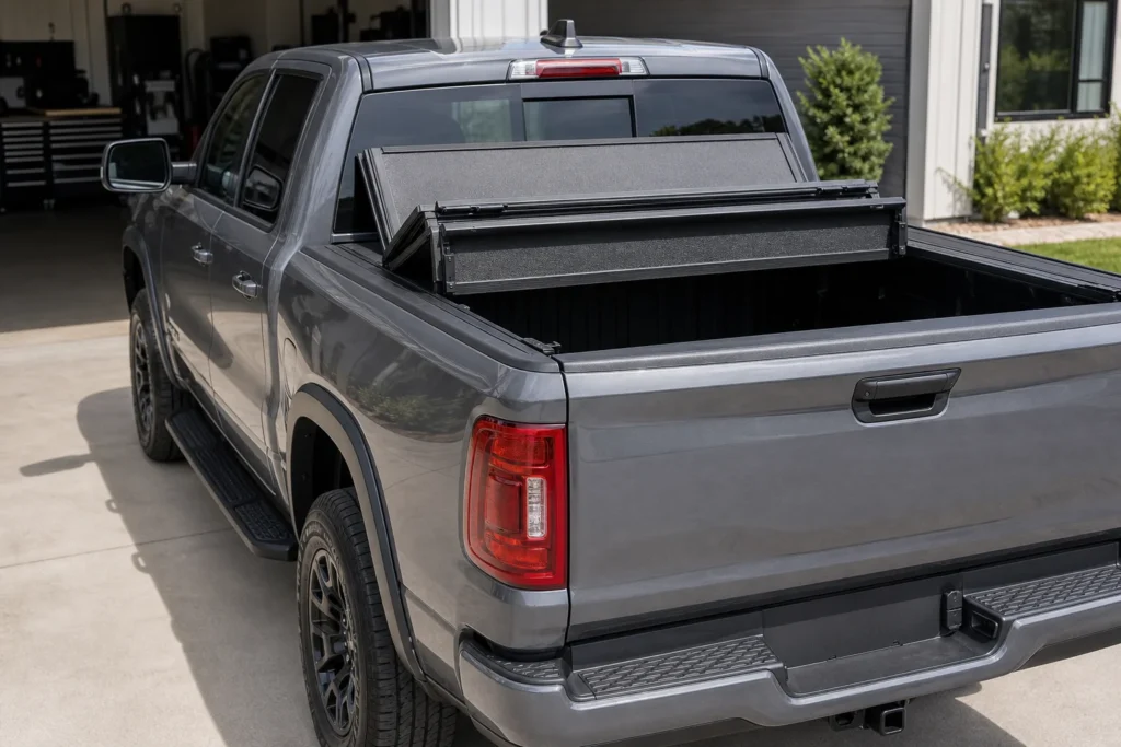 Pickup truck with a tri-fold tonneau cover partially folded open in three panels