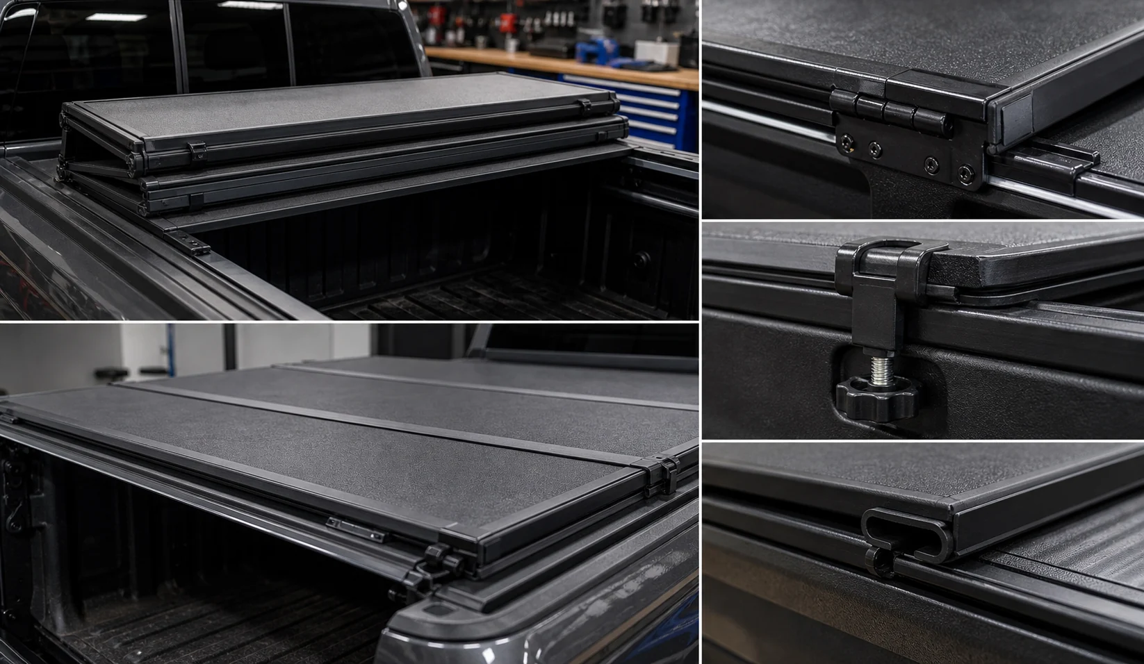 Close-up of tri-fold tonneau cover hinges clamps rail seals and three-panel construction