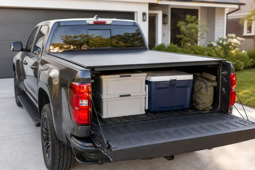 Pickup truck bed with cargo boxes under a partly opened truck bed cover before a weekend trip