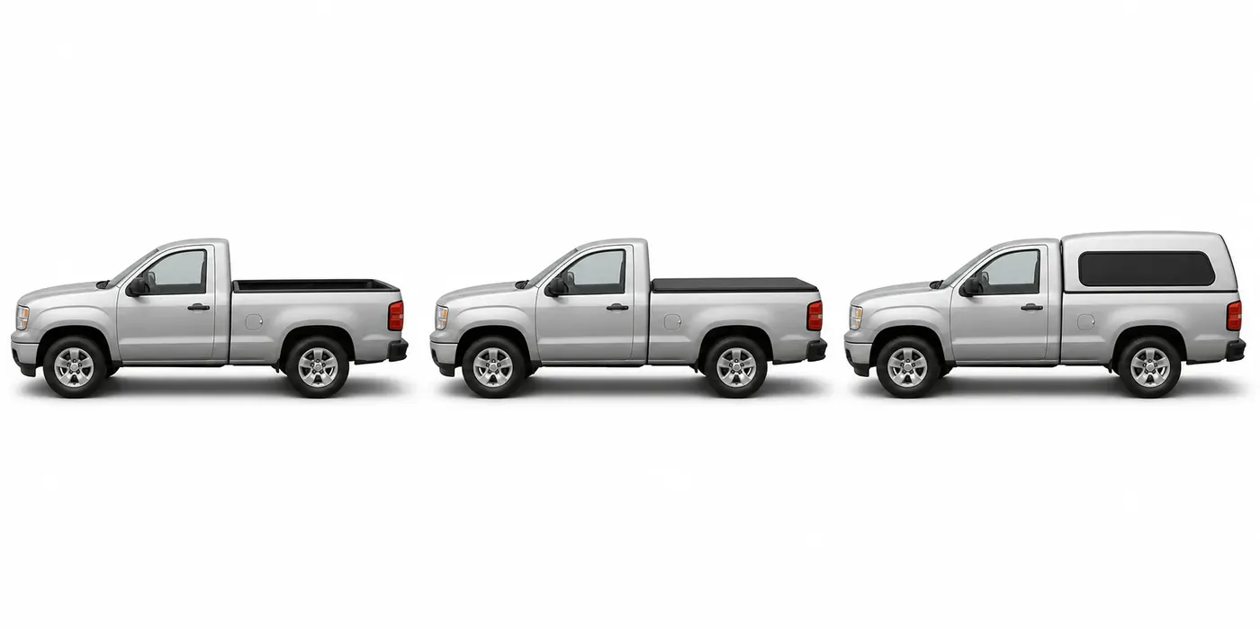 Simple visual comparison of an uncovered pickup bed, a low tonneau cover, and a taller truck cap