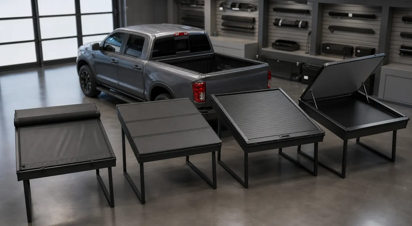 Workshop comparison of soft roll-up, hard tri-fold, retractable, and hinged truck bed cover types