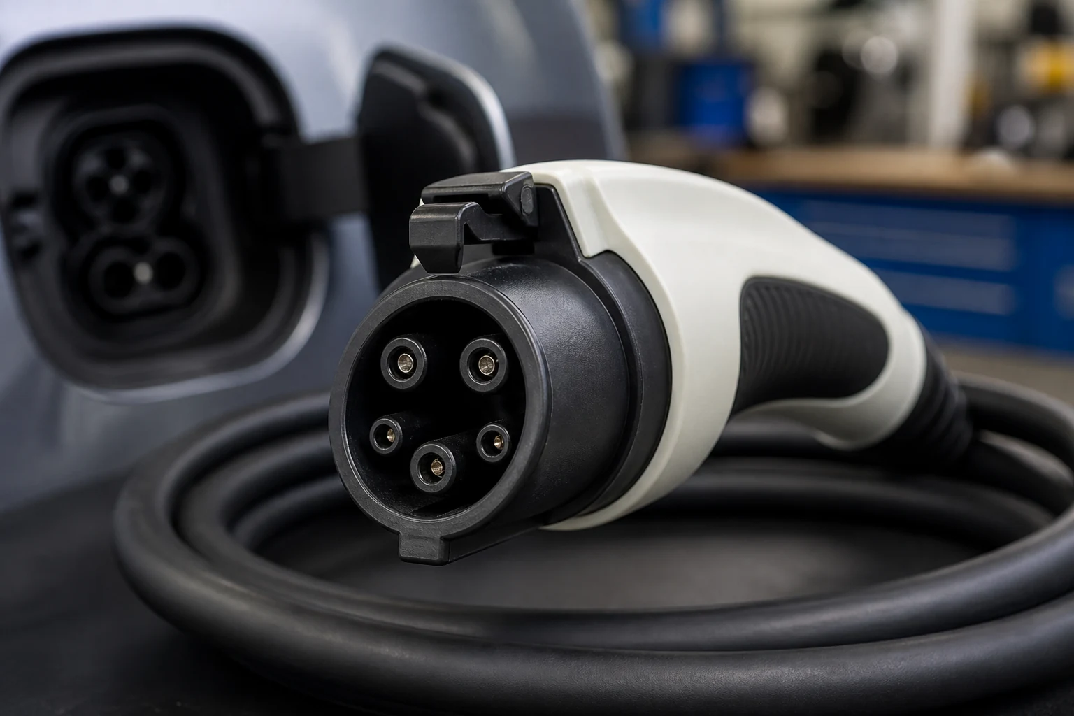 Type 1 J1772 EV charging connector close-up showing the five-contact face and latch