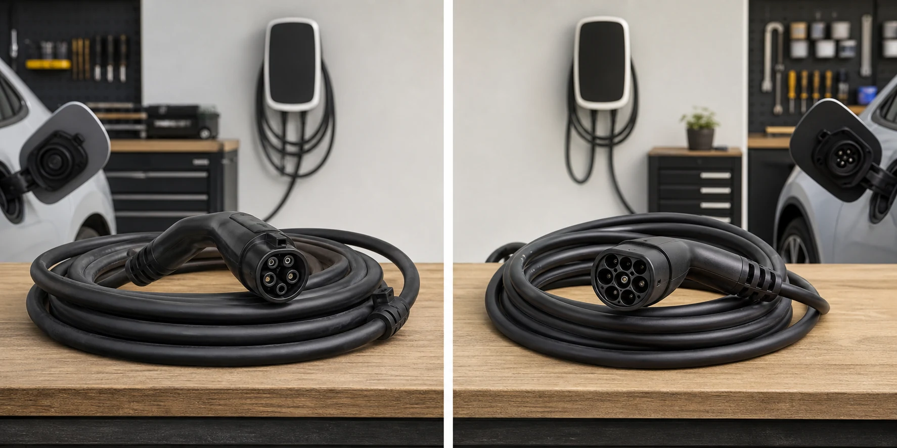 Type 1 and Type 2 EV charging cables arranged for regional compatibility comparison