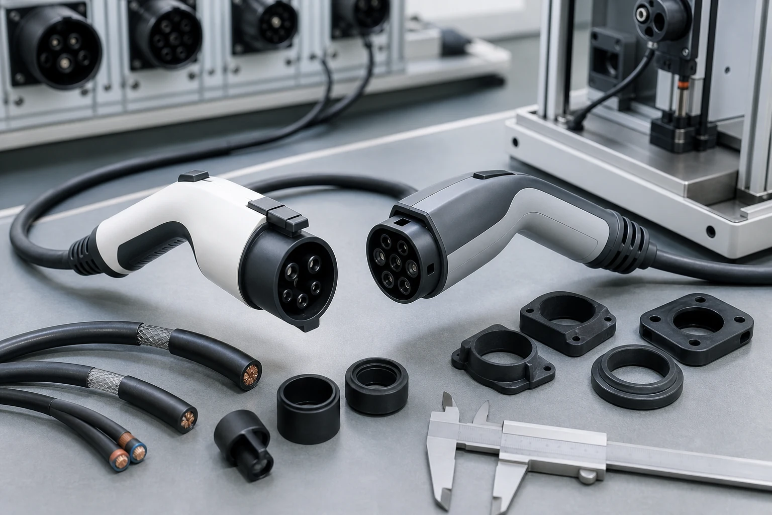 Type 1 and Type 2 EV charging cable quality inspection on a factory test bench
