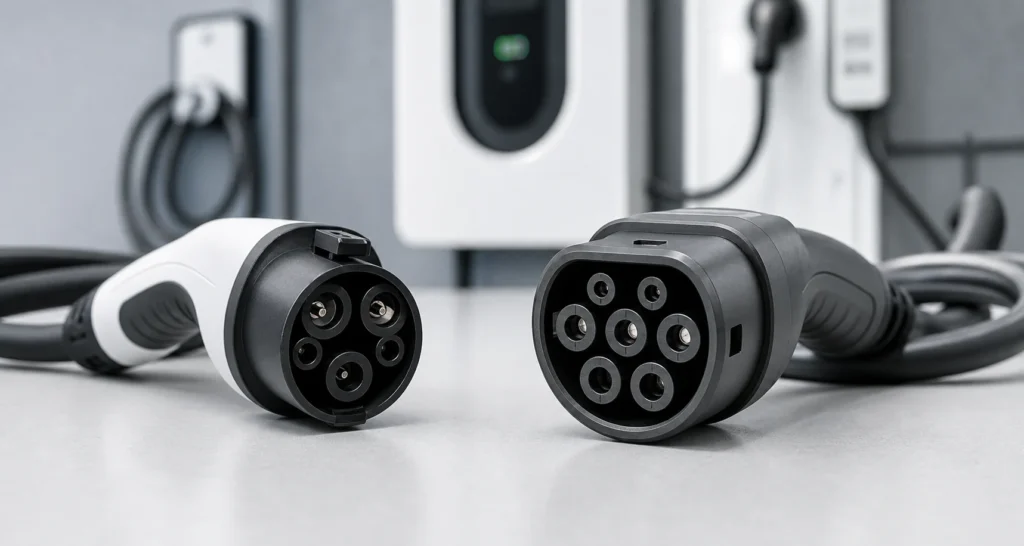 Type 1 and Type 2 EV charging connectors compared side by side