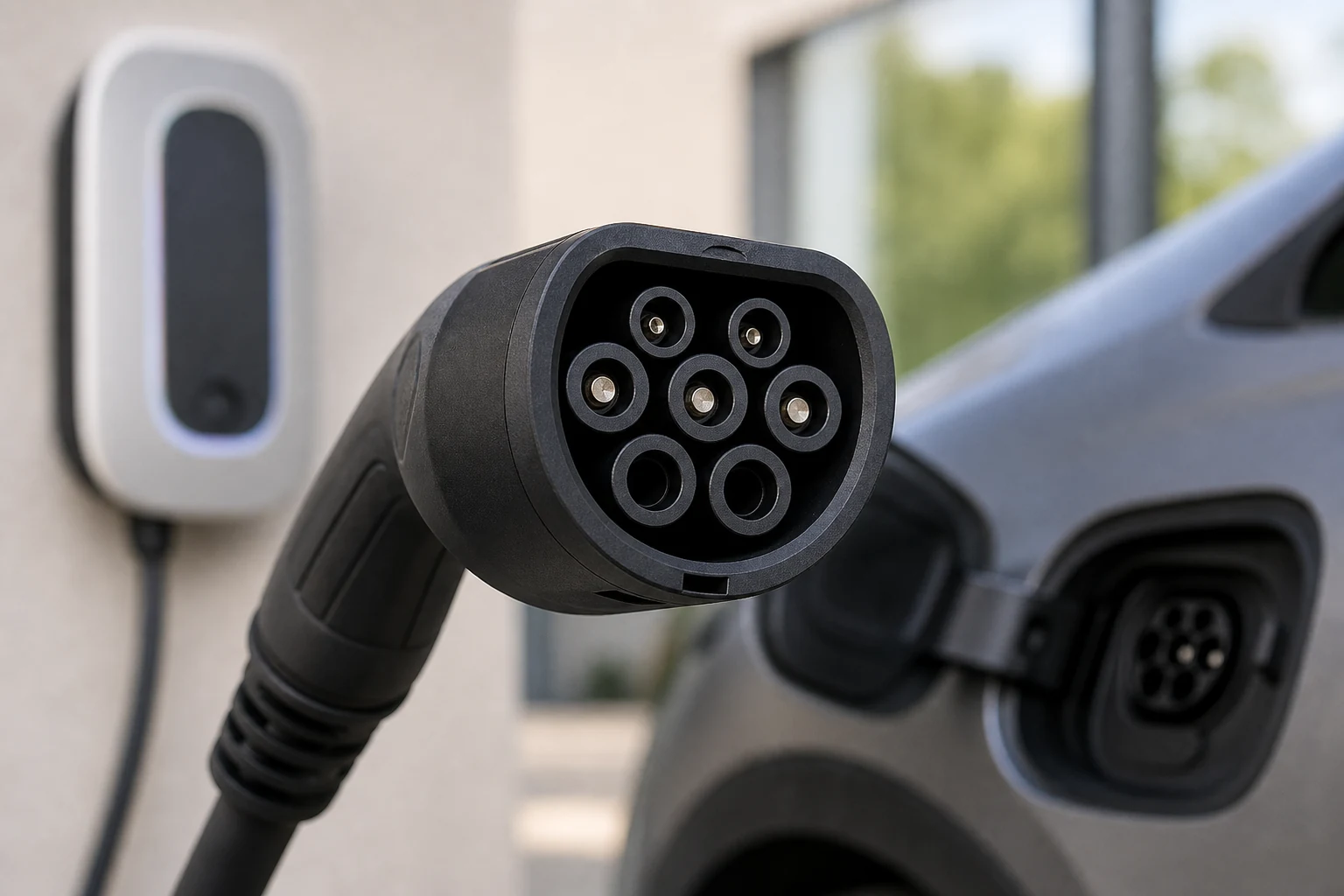 Type 2 Mennekes EV charging connector close-up showing the seven-contact face