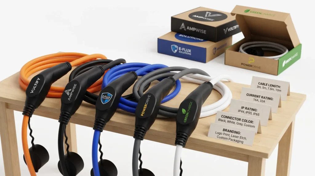 A display of ODM customization options for Type 1 to Type 2 EV charging cables, showing various TPU insulation colors (orange, black, blue, grey, white), custom logo prints on connector housings, and specification options including cable length (3m–10m), current rating (16A/32A), and IP rating.