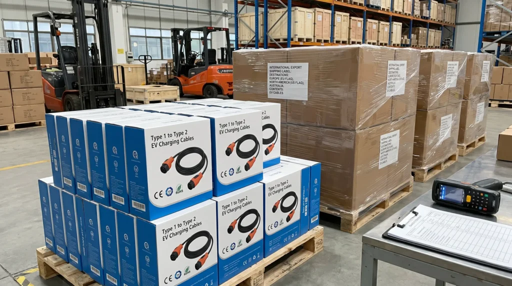 A professional B2B wholesale packaging and logistics scene, showing retail-ready boxes of Type 1 to Type 2 EV charging cables with CE, TUV, and RoHS certification logos, alongside export-ready bulk cartons on pallets destined for Europe, North America, and Australia.