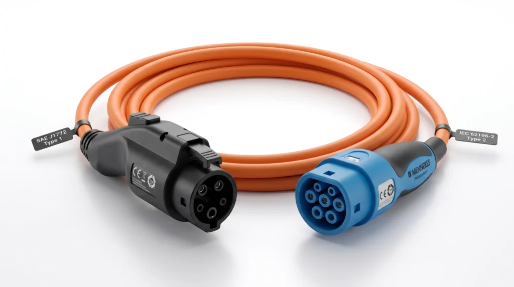 A professional comparison of the SAE J1772 Type 1 connector (left, 5-pin with mechanical latch) and the IEC 62196-2 Type 2 Mennekes connector (right, 7-pin with electronic locking) on a high-quality TPU insulated charging cable. Both connectors carry CE and TUV certification marks.