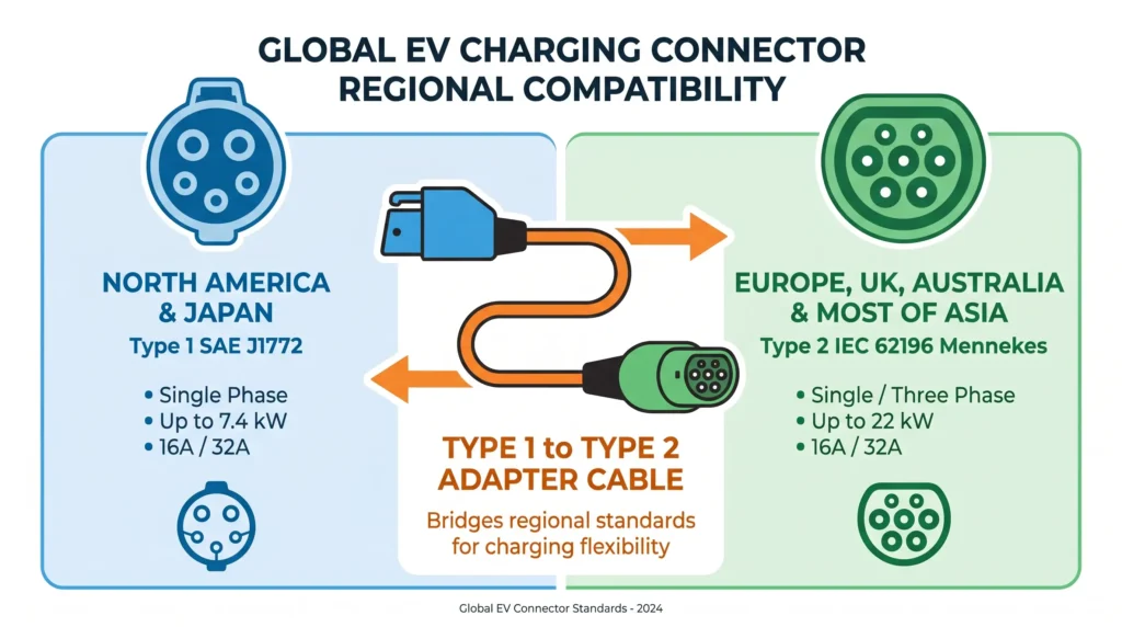An infographic illustrating the regional divide between Type 1 (SAE J1772 — North America/Japan) and Type 2 (IEC 62196 Mennekes — Europe/Asia/Australia) standards, and how the Type 1 to Type 2 adapter cable bridges this compatibility gap for cross-regional charging.