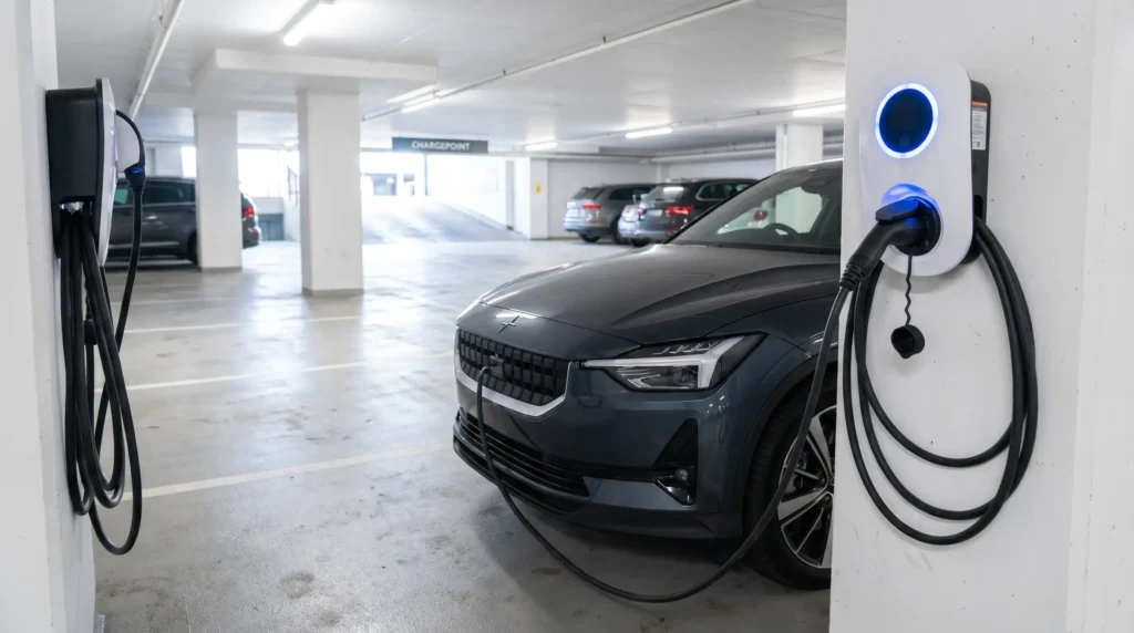 A Type 2 to Type 2 cable in active use at a modern urban charging station. The reliability of the cable is the invisible foundation of every successful charging session.