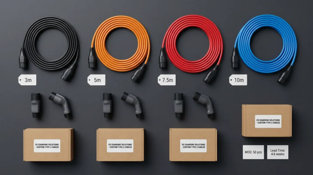OEM customization options for Type 2 EV charging cables: multiple cable lengths (3m to 10m), custom jacket colors (black, orange, red, blue), and branded retail packaging solutions for B2B distributors and private-label brands.