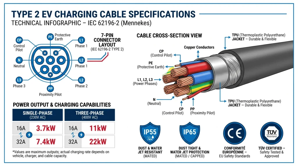 Technical breakdown of the IEC 62196-2 Type 2 connector, illustrating the 7-pin layout, power output matrix, and internal cable cross-section with labeled conductors.