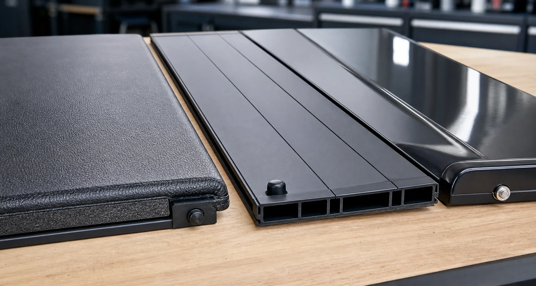 Close-up comparison of vinyl, aluminum, and fiberglass tonneau cover material samples on a workshop bench
