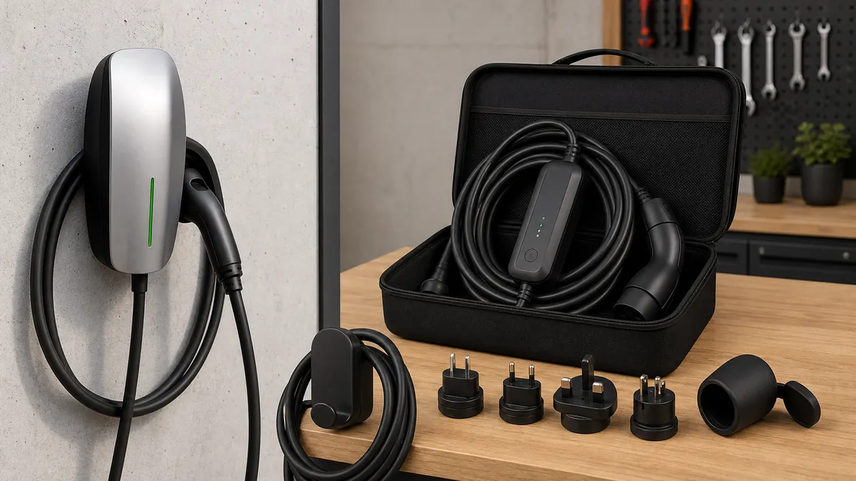 Wall connector, mobile charger kit, plug adapters, cable organizer, and connector cap arranged in a garage