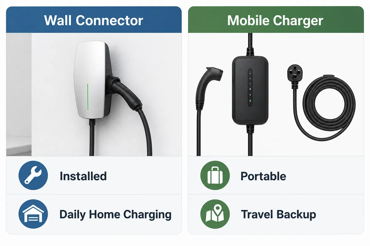 Diagram comparing Tesla-style Wall Connector and Mobile Charger for installed home charging and portable travel backup