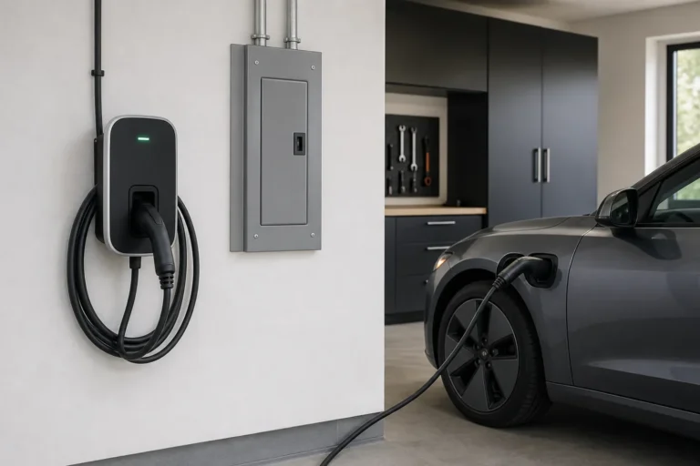 Wall-mounted EV charger installed in a clean garage beside an electric car