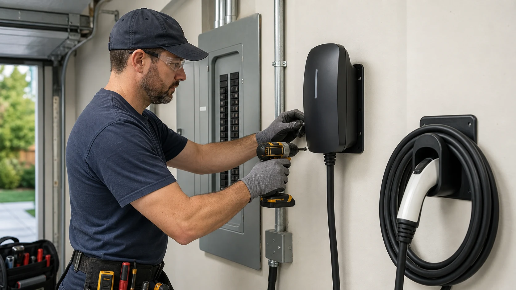 Electrician installing a wall-mounted EV charger near an electrical panel in a garage