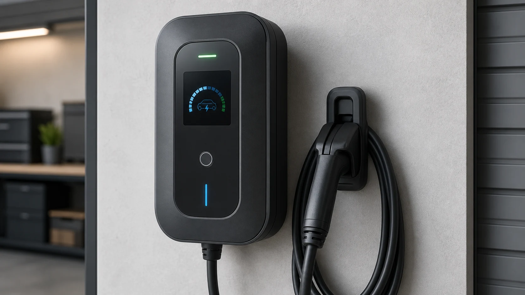 Close-up of a wall-mounted EV charger with cable holder, connector dock, display area, and status light