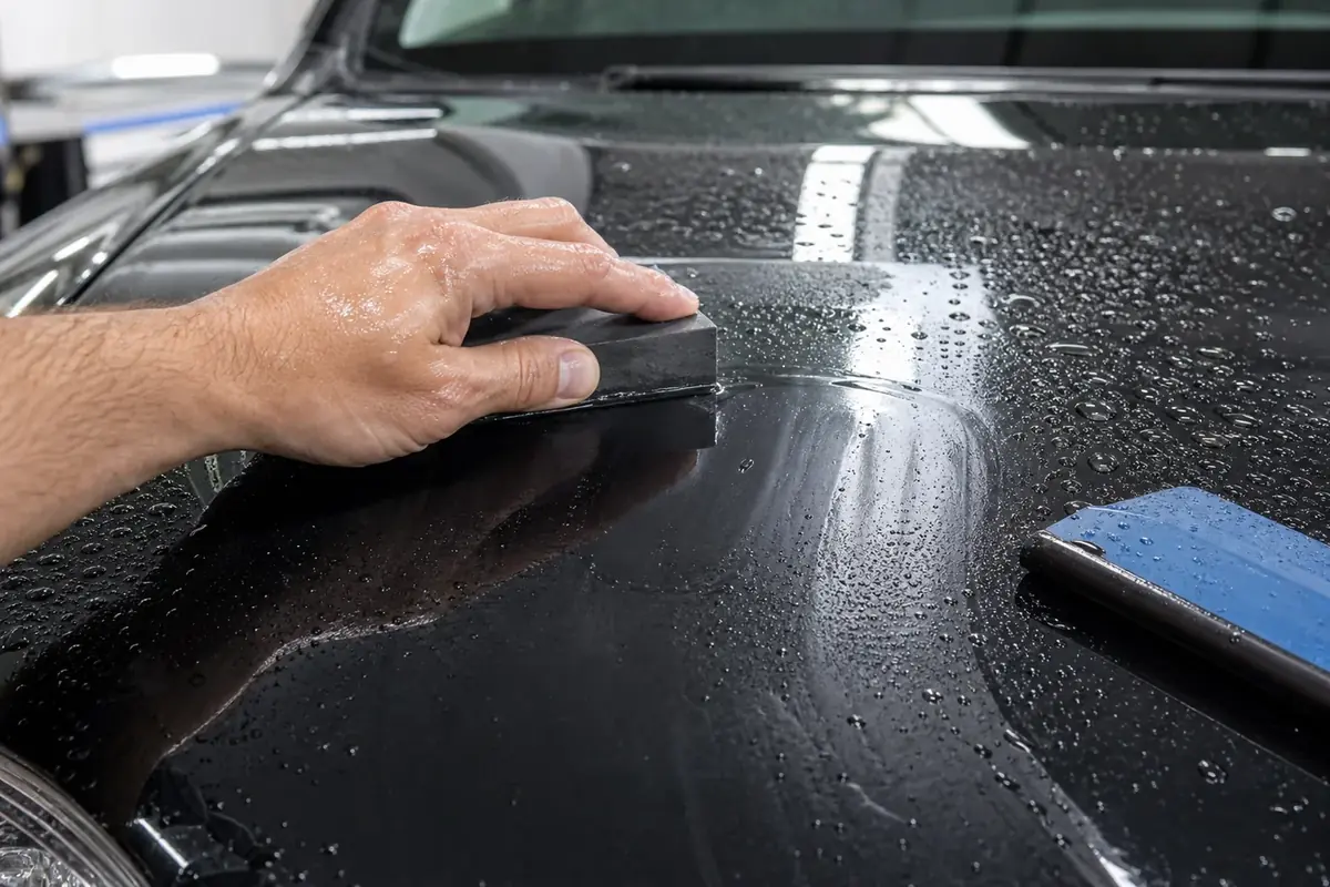 Close-up of wet sanding black automotive clear coat by hand with water, slurry, and a soft sanding block