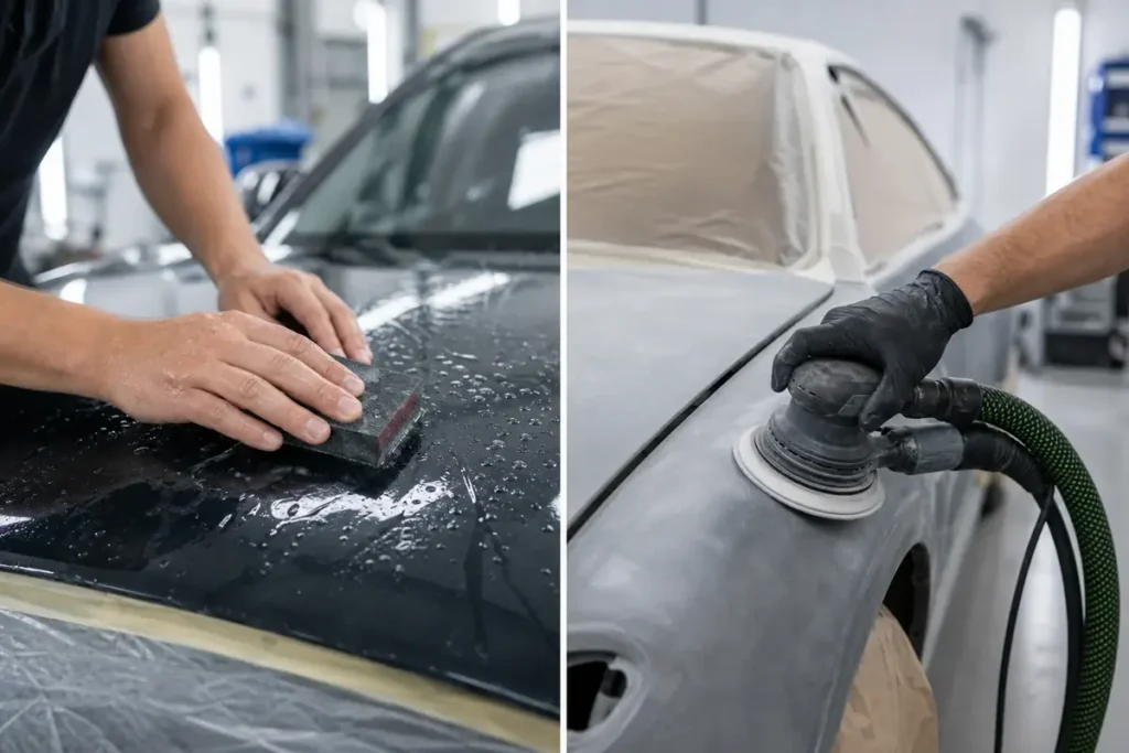 Split auto body shop scene comparing wet sanding clear coat by hand and dry sanding primer with dust extraction
