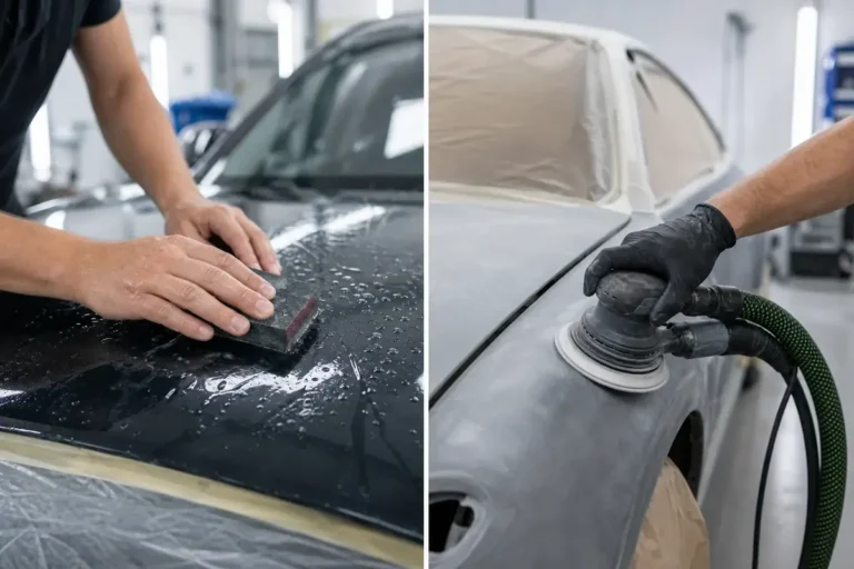 Split auto body shop scene comparing wet sanding clear coat by hand and dry sanding primer with dust extraction