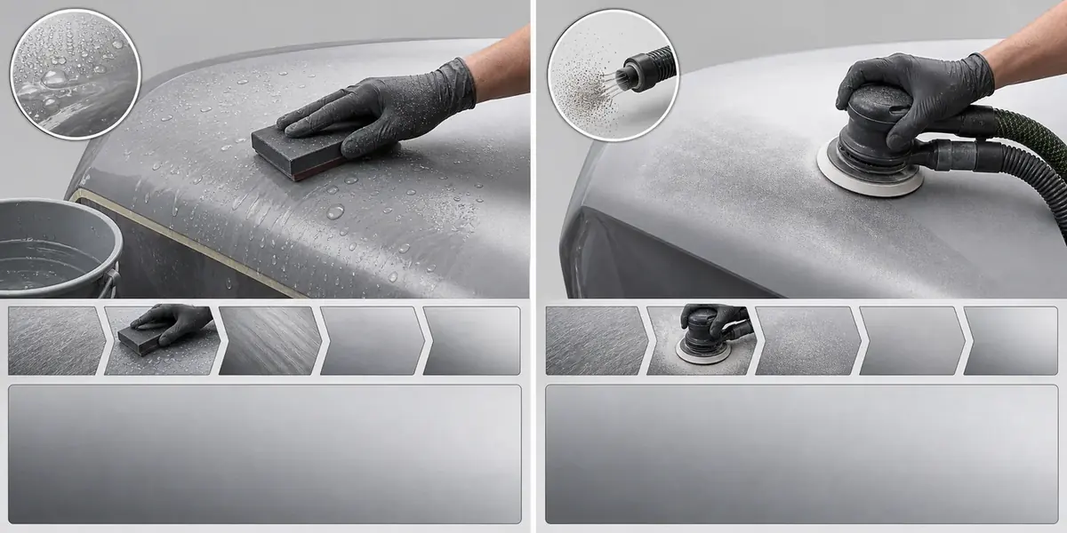 Educational comparison diagram showing wet sanding with water slurry and dry sanding with dust extraction on car panels
