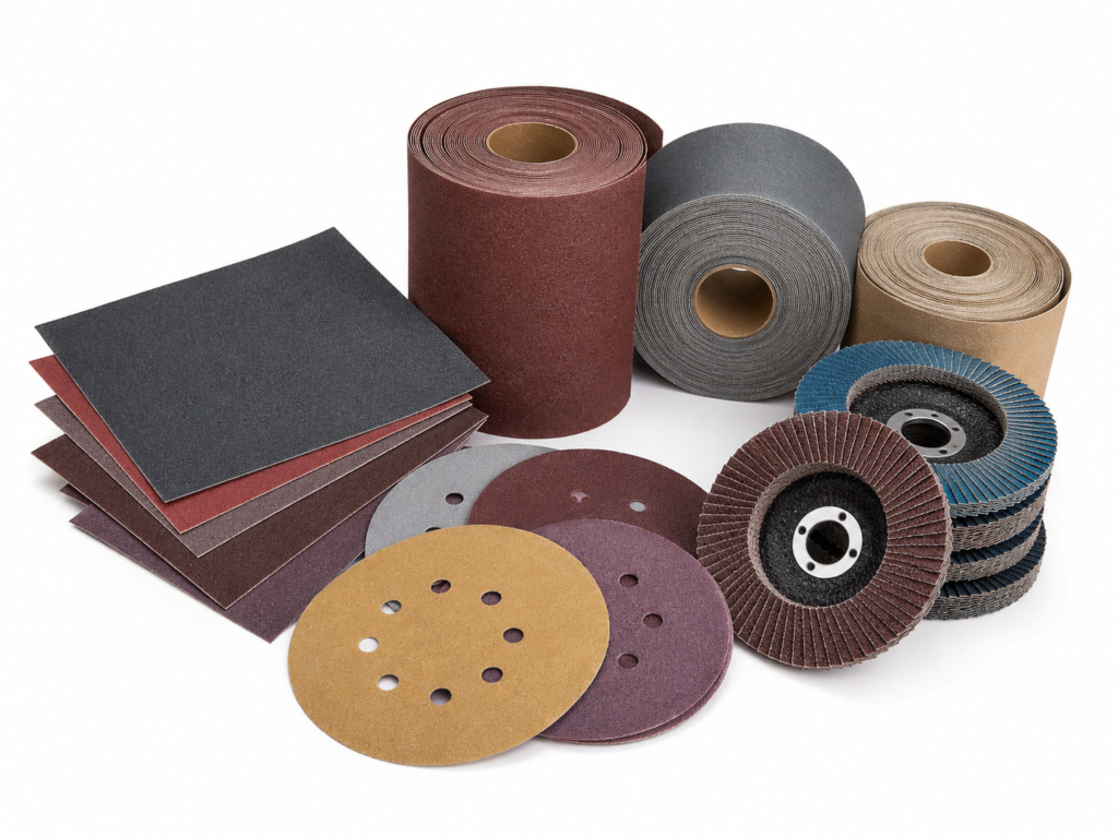 Automotive sandpaper and abrasive products including sanding discs, abrasive rolls and flap discs for auto refinishing