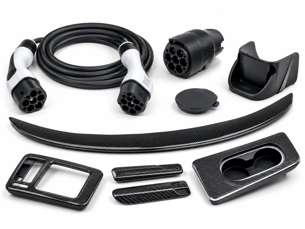 EV aftermarket accessories including charging cables, adapters, carbon fiber trim and vehicle upgrade parts