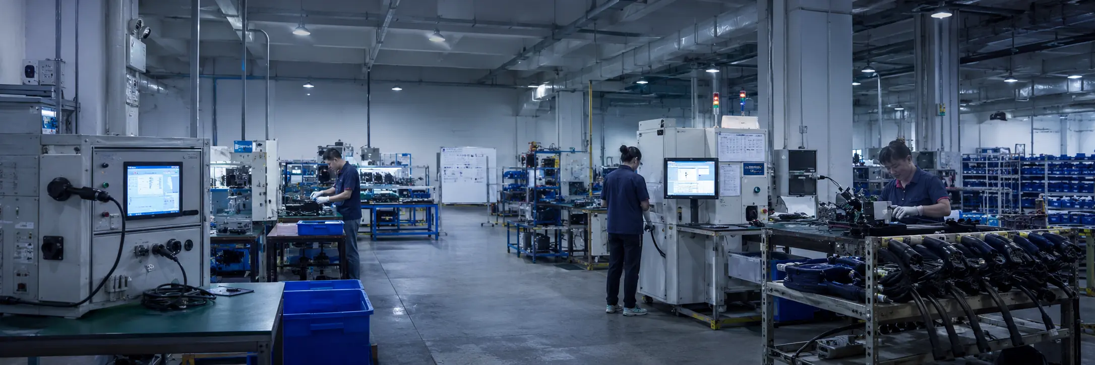 Production workshop with assembly stations and parts racks at Yirox