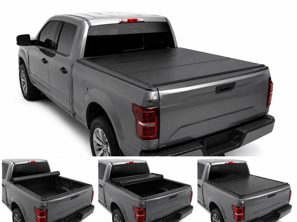 Pickup tonneau covers installed on truck beds including hard folding, roll-up and sliding cover styles