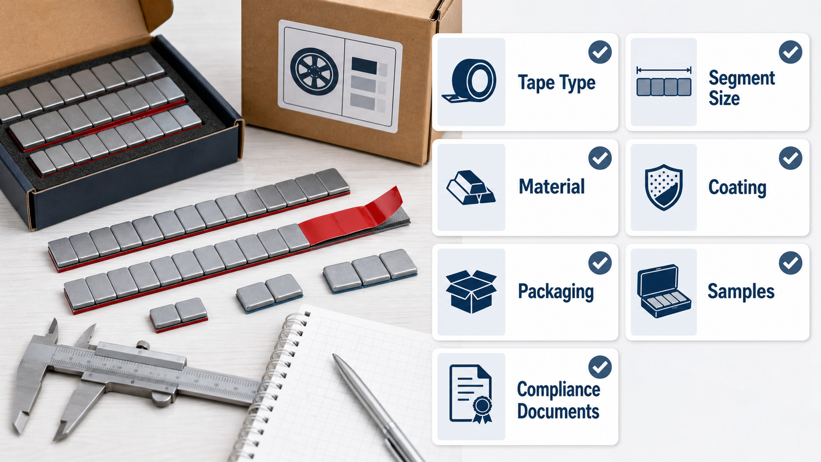 Adhesive Wheel Weights: Tape, Sizes, Installation, and Buying Guide 2 RFQ checklist for adhesive wheel weights including tape type, segment size, material, coating, packaging, samples, and compliance documents