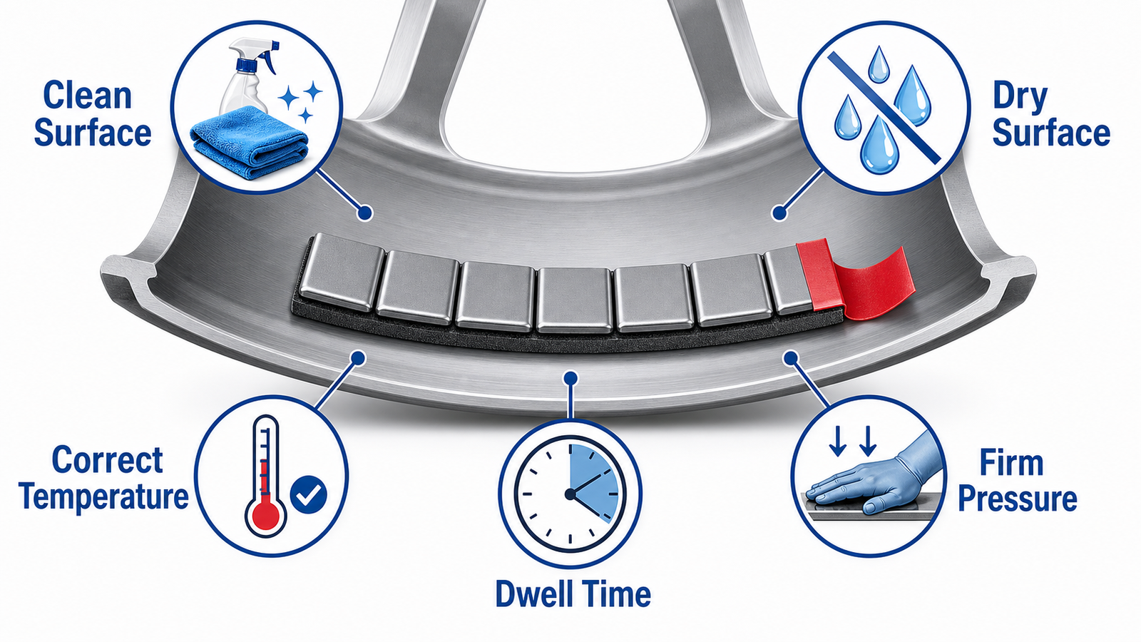 Adhesive Wheel Weights: Tape, Sizes, Installation, and Buying Guide 1 Infographic showing clean surface, dry surface, correct temperature, firm pressure, and dwell time for adhesive wheel weight tape