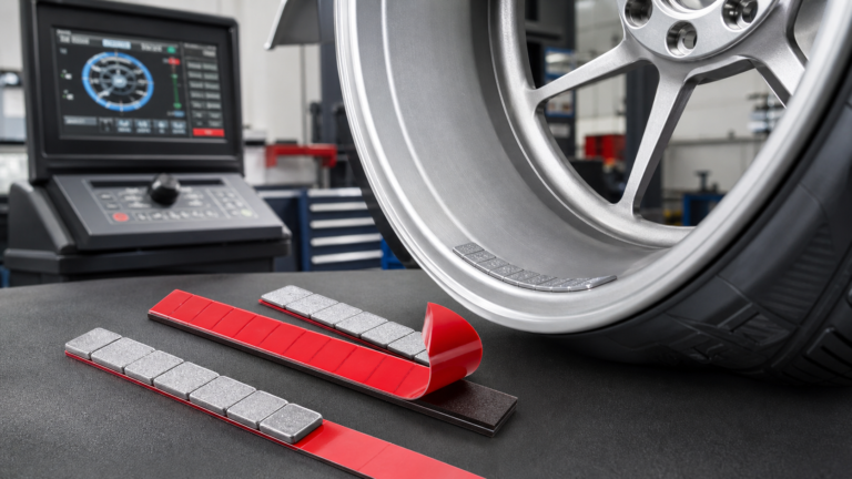 Adhesive wheel weight strips with red backing tape beside an alloy wheel and balancing machine