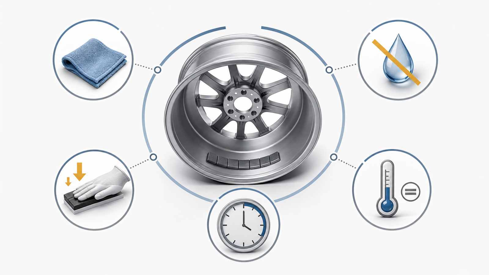 Stick-On Wheel Weights for Alloy Wheels: Sizes, Tape, and Installation Guide 1 Visual guide to clean, dry, temperature, pressure, and contact-time conditions for adhesive wheel weights